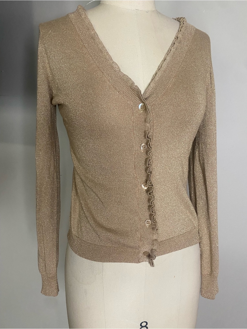 New York & Company Shimmery Beige Ruffle-Trim Button Cardigan
